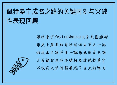 佩特曼宁成名之路的关键时刻与突破性表现回顾